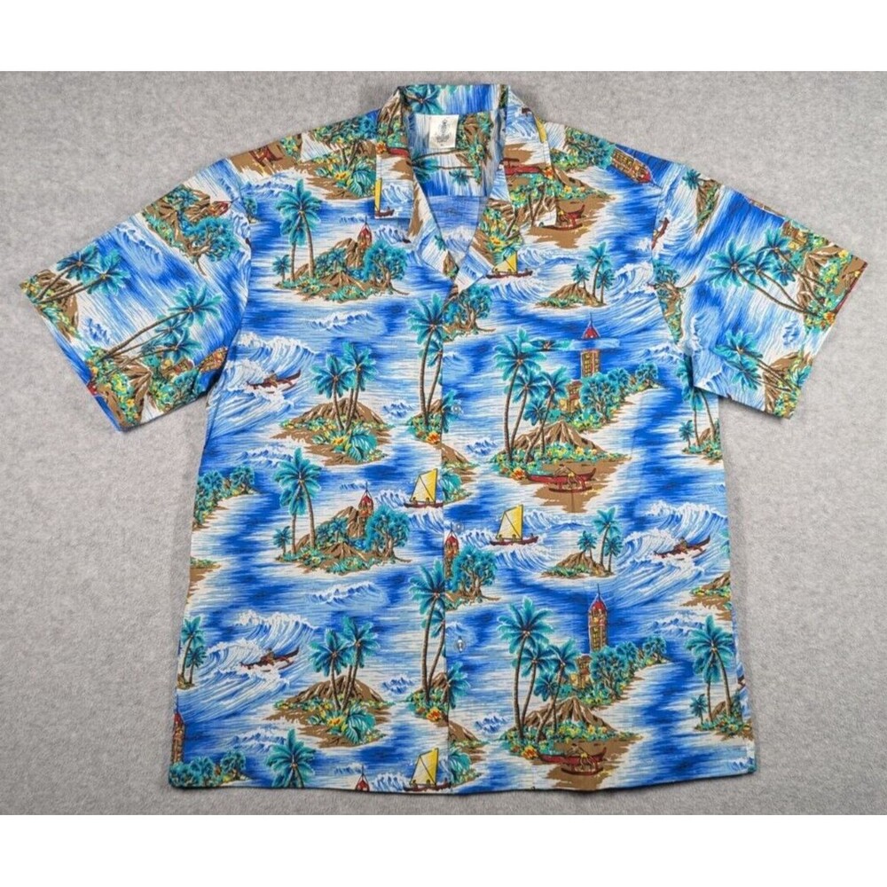 ROYAL CREATIONS HAWAII Men Shirt XL Island Volcano Palm Tree Print Vacation